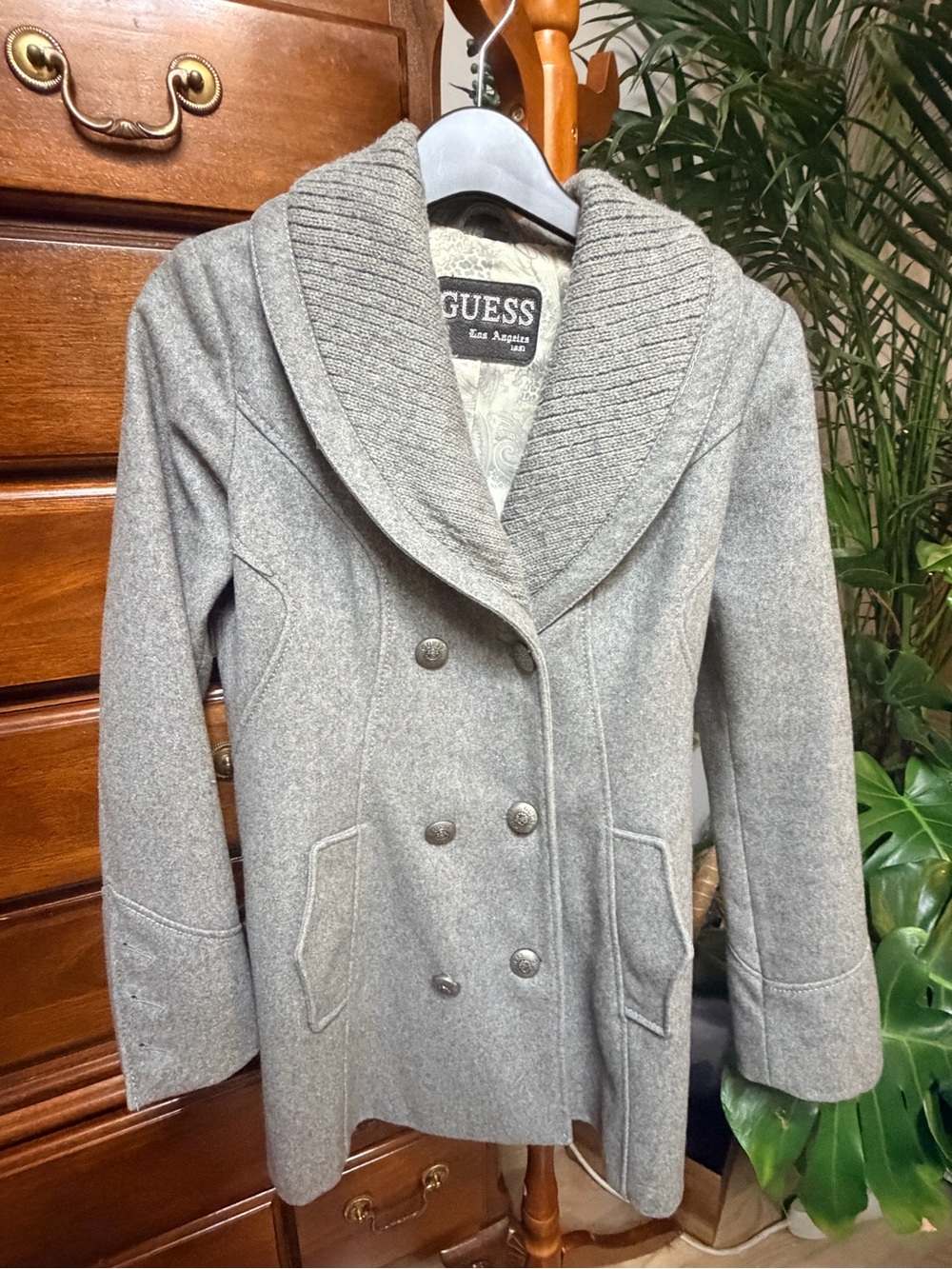 GUESS Gray Double-Breasted Shawl Collar Pea Coat